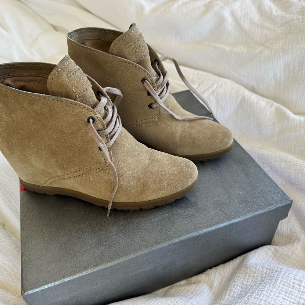 Prada Women's Tan Suede Wedge Ankle Boots